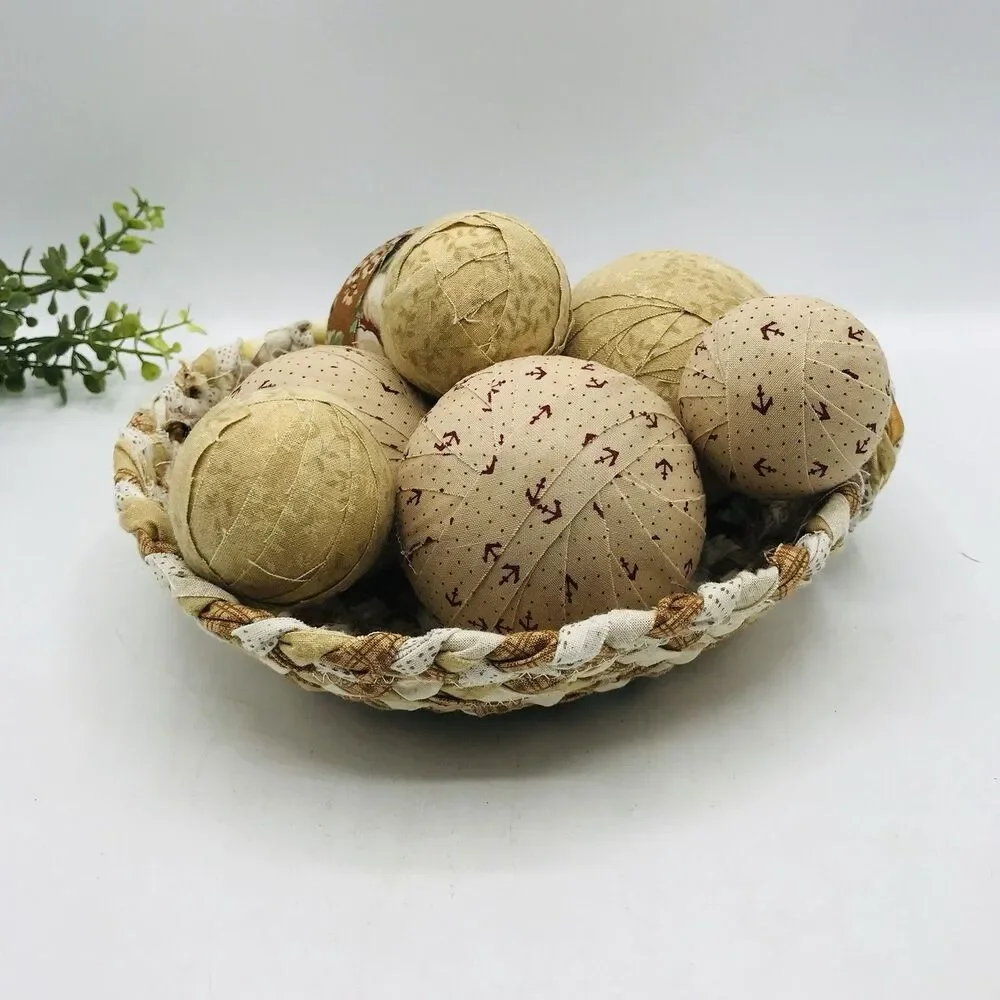 Neutral Tans Beige Cream Braided Basket with 7 Fabric Balls Handmade 9x9x2